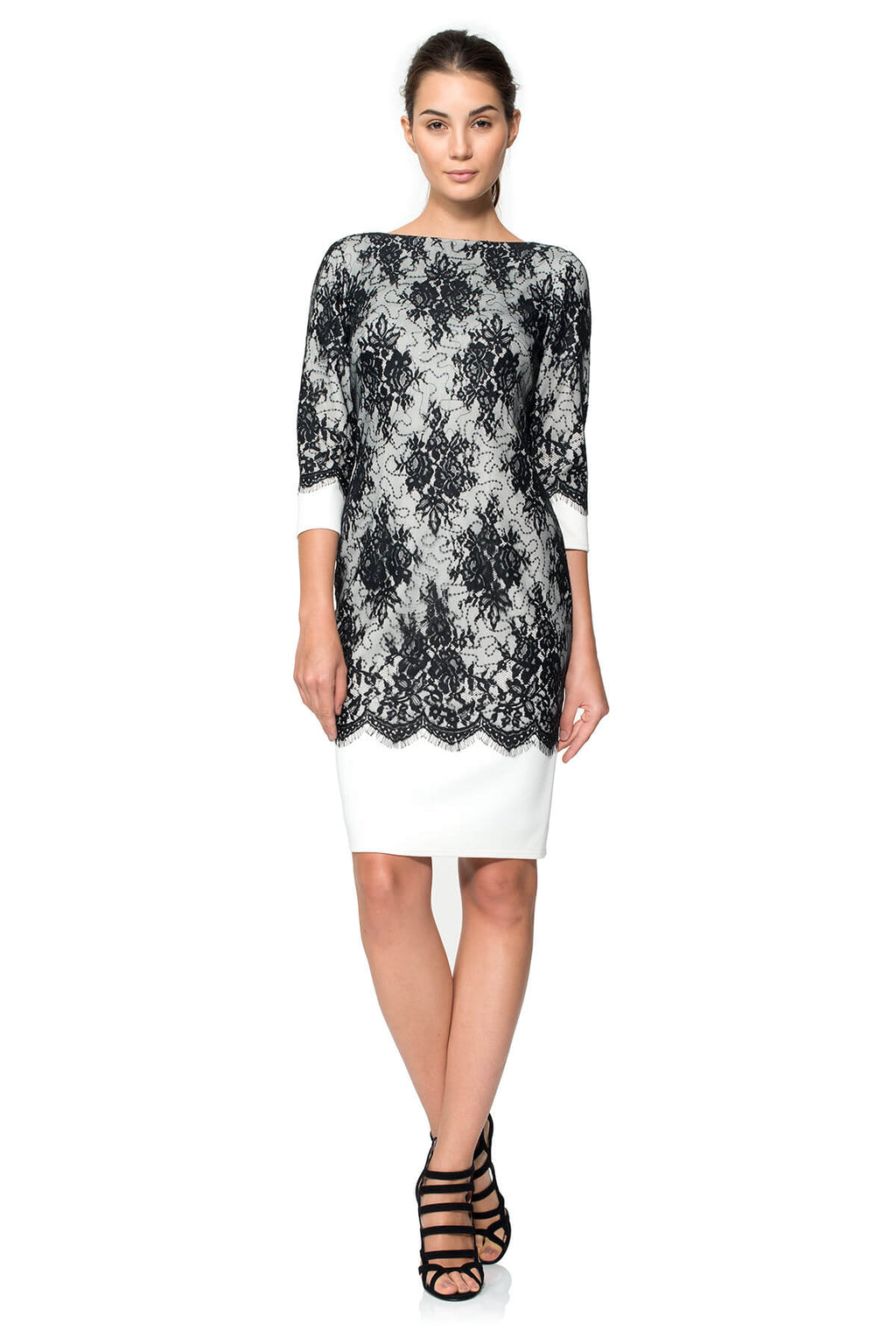 Neoprene Bateau Dress with Lace Overlay