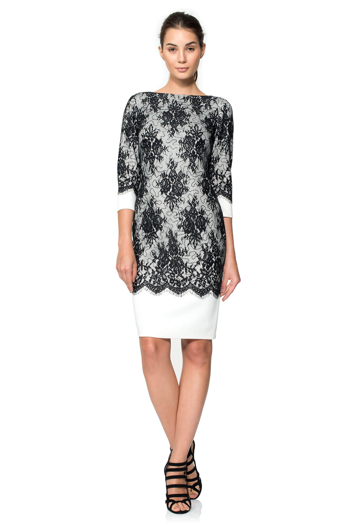 Neoprene Bateau Dress with Lace Overlay