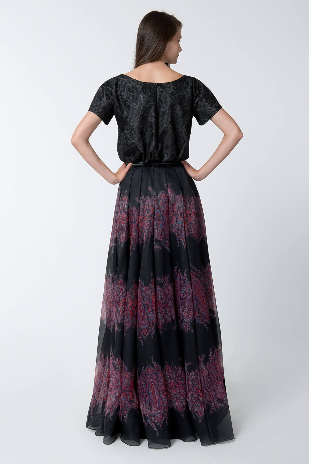 Printed Gazar Full Skirt in Deep Amber