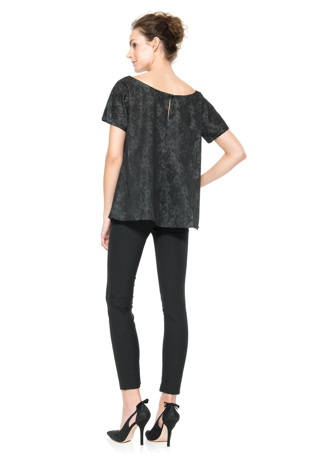 Bonded Lace and Chiffon Short Sleeve Top in Black