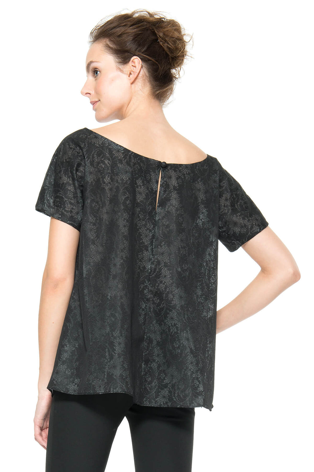 Bonded Lace and Chiffon Short Sleeve Top in Black