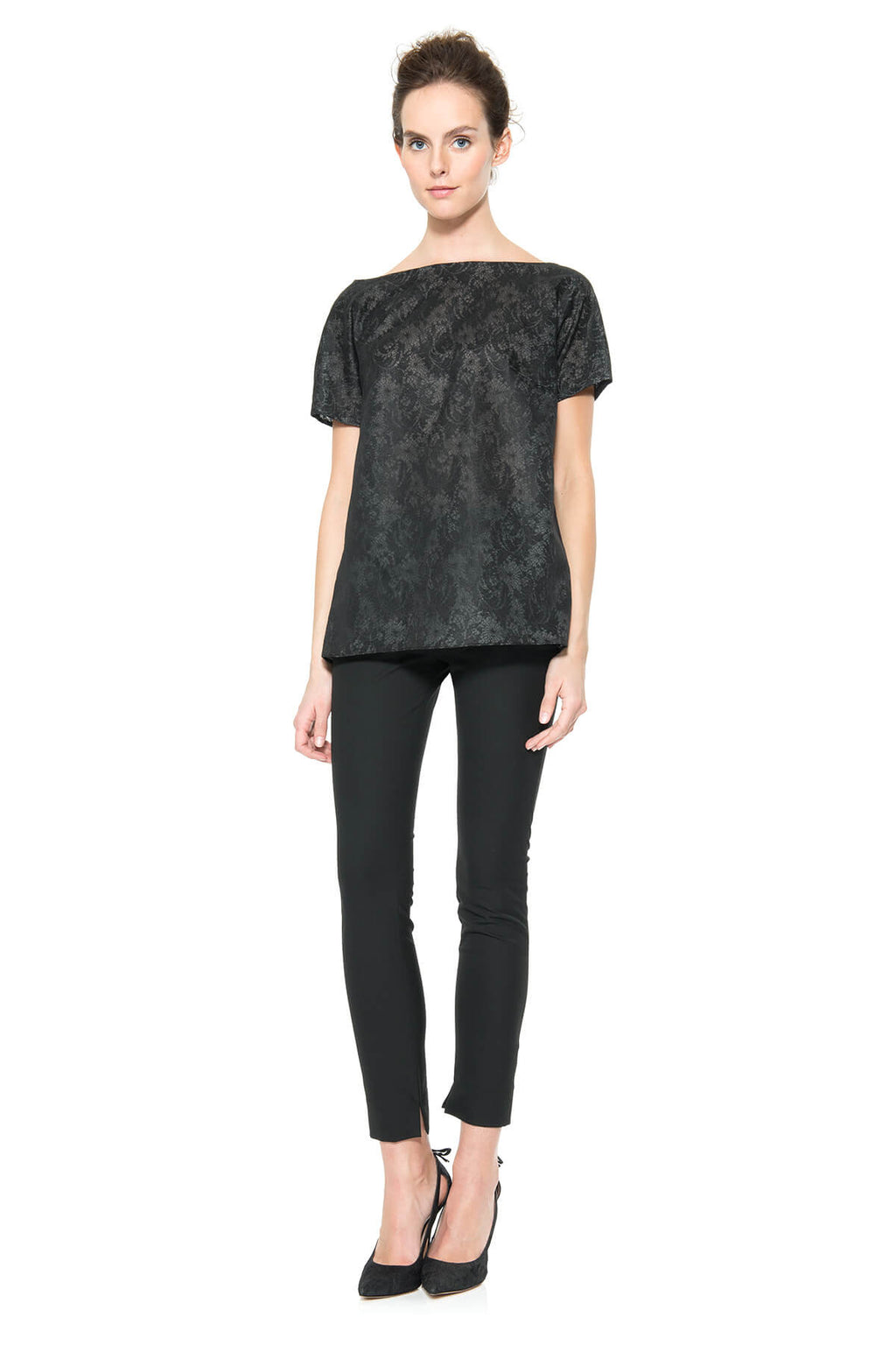 Bonded Lace and Chiffon Short Sleeve Top in Black