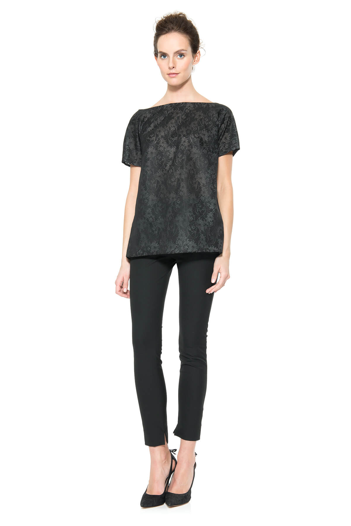 Bonded Lace and Chiffon Short Sleeve Top in Black