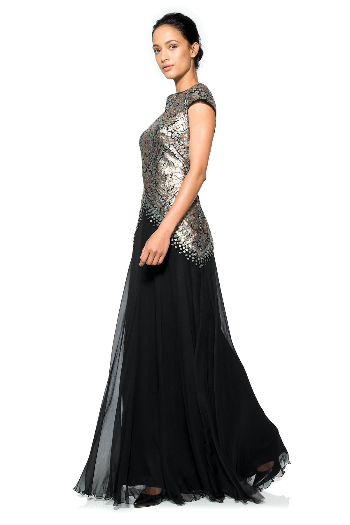 Paillette Embroidered Lace and Chiffon Skirt Gown