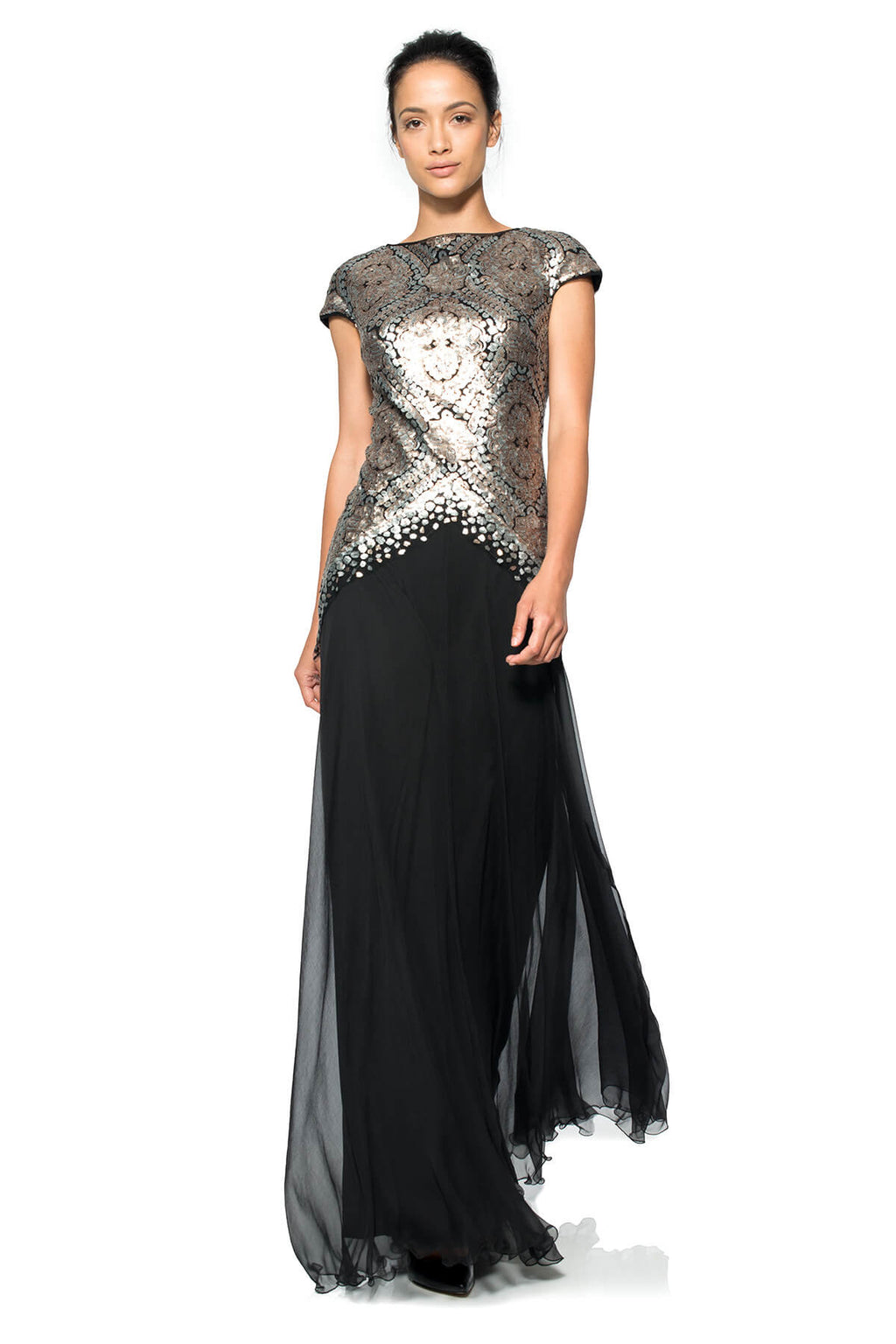 Paillette Embroidered Lace and Chiffon Skirt Gown