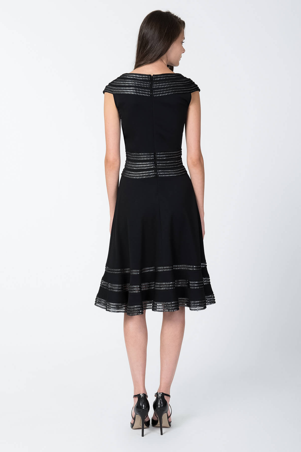 Foil Print Banded Basketweave Dress in Black / Silver