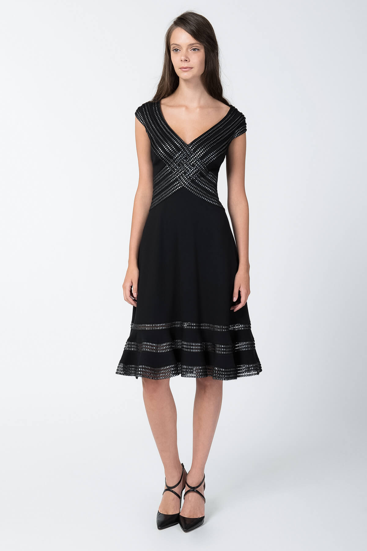 Foil Print Banded Basketweave Dress in Black / Silver