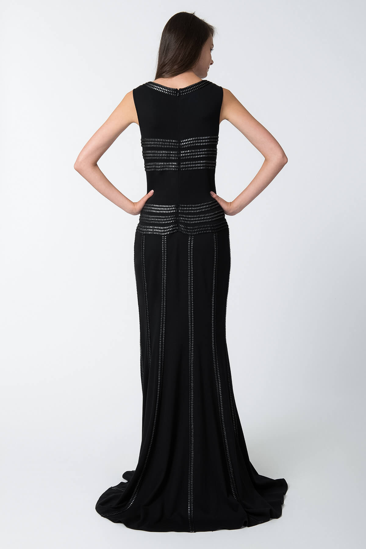 Foil Print Banded Basketweave Gown in Black / Silver