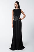 Foil Print Banded Basketweave Gown in Black / Silver