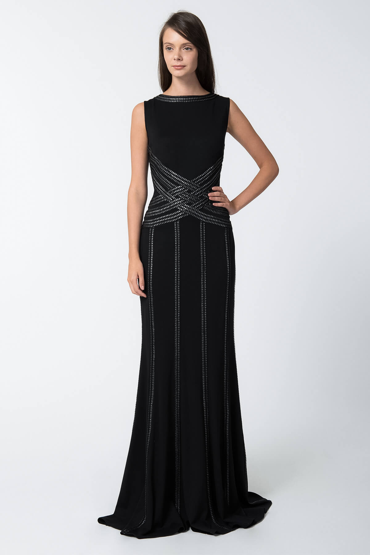 Foil Print Banded Basketweave Gown in Black / Silver