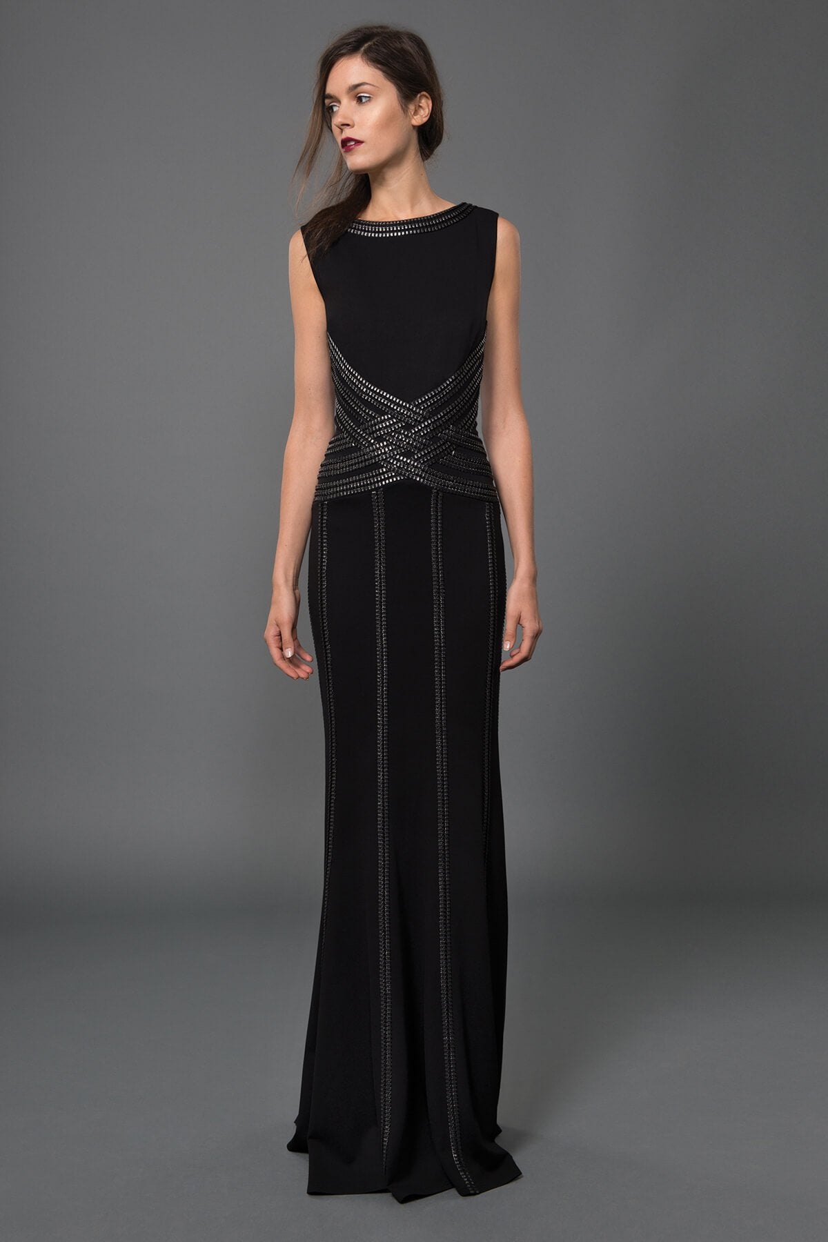 Foil Print Banded Basketweave Gown in Black / Silver