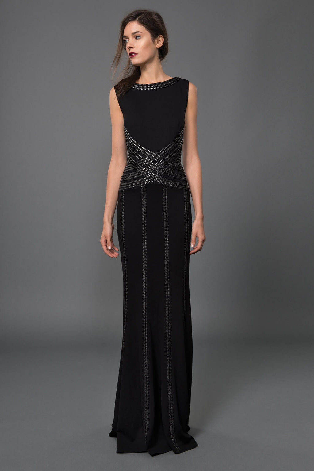 Foil Print Banded Basketweave Gown in Black / Silver