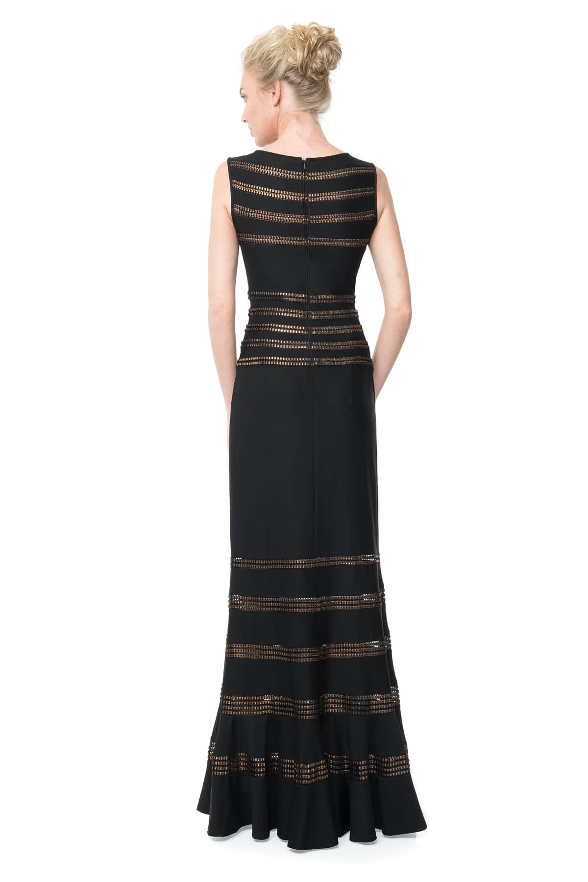 Foil Print Banded Boatneck Gown in Black / Copper