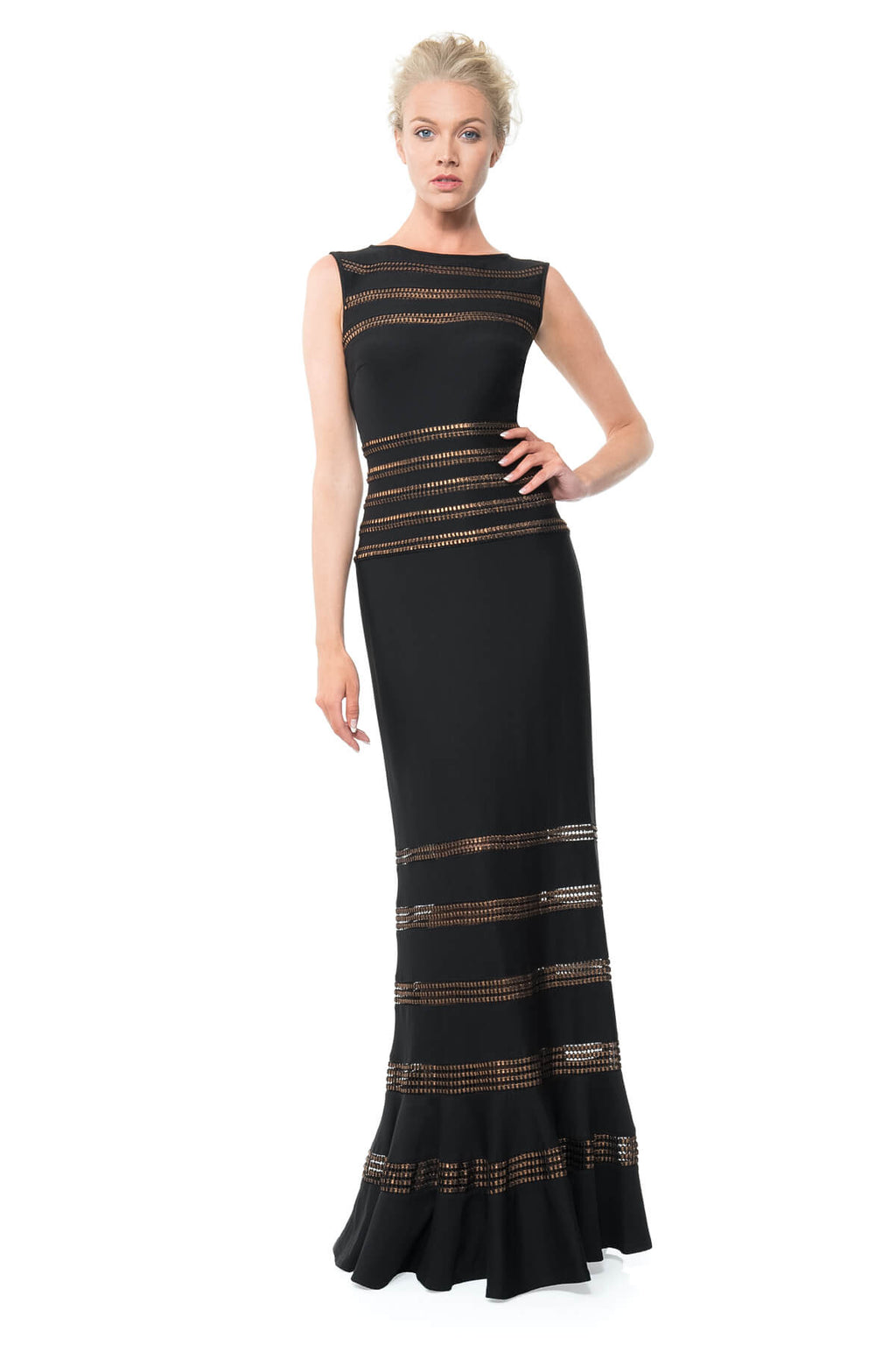 Foil Print Banded Boatneck Gown in Black / Copper