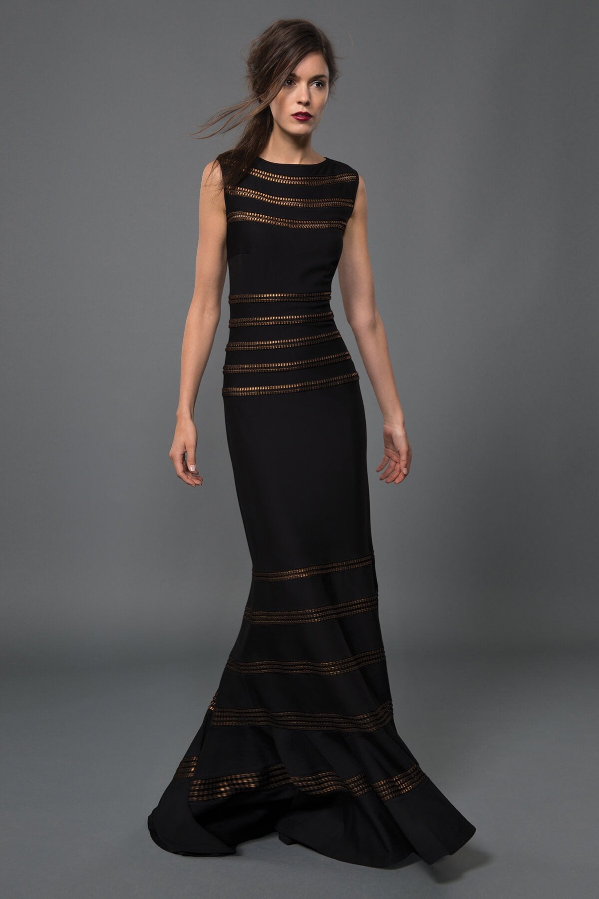 Foil Print Banded Boatneck Gown in Black / Copper