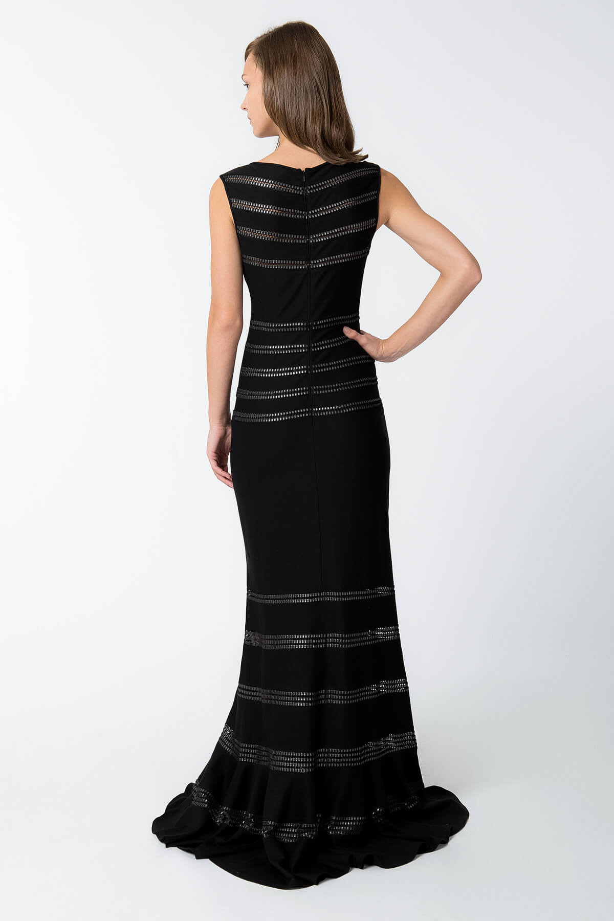 Foil Print Banded Boatneck Gown in Black / Silver