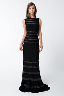 Foil Print Banded Boatneck Gown in Black / Silver