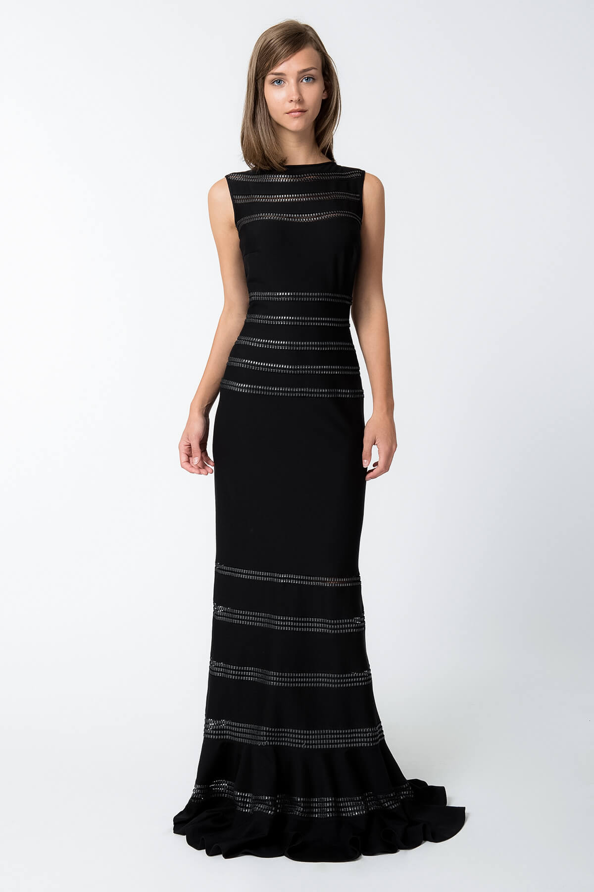 Foil Print Banded Boatneck Gown in Black / Silver