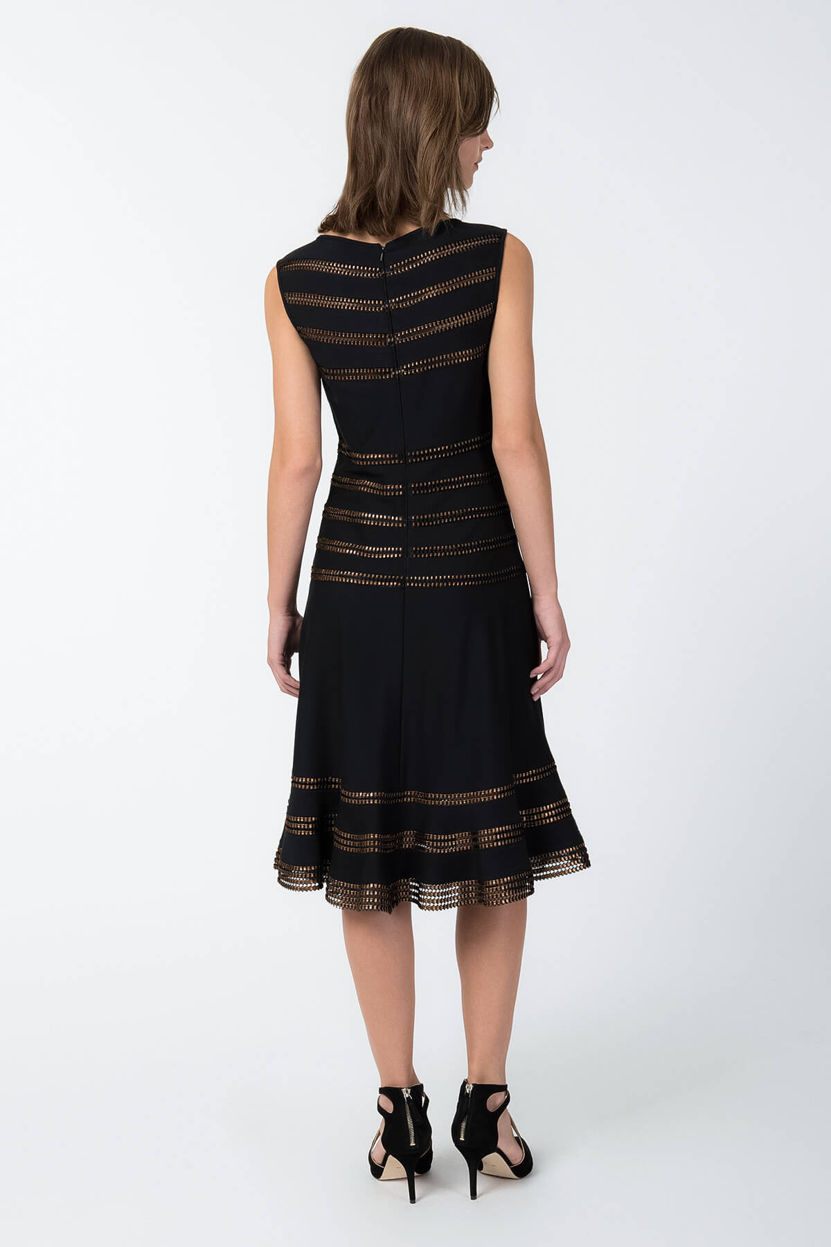 Foil Print Banded Boatneck Dress in Black / Copper