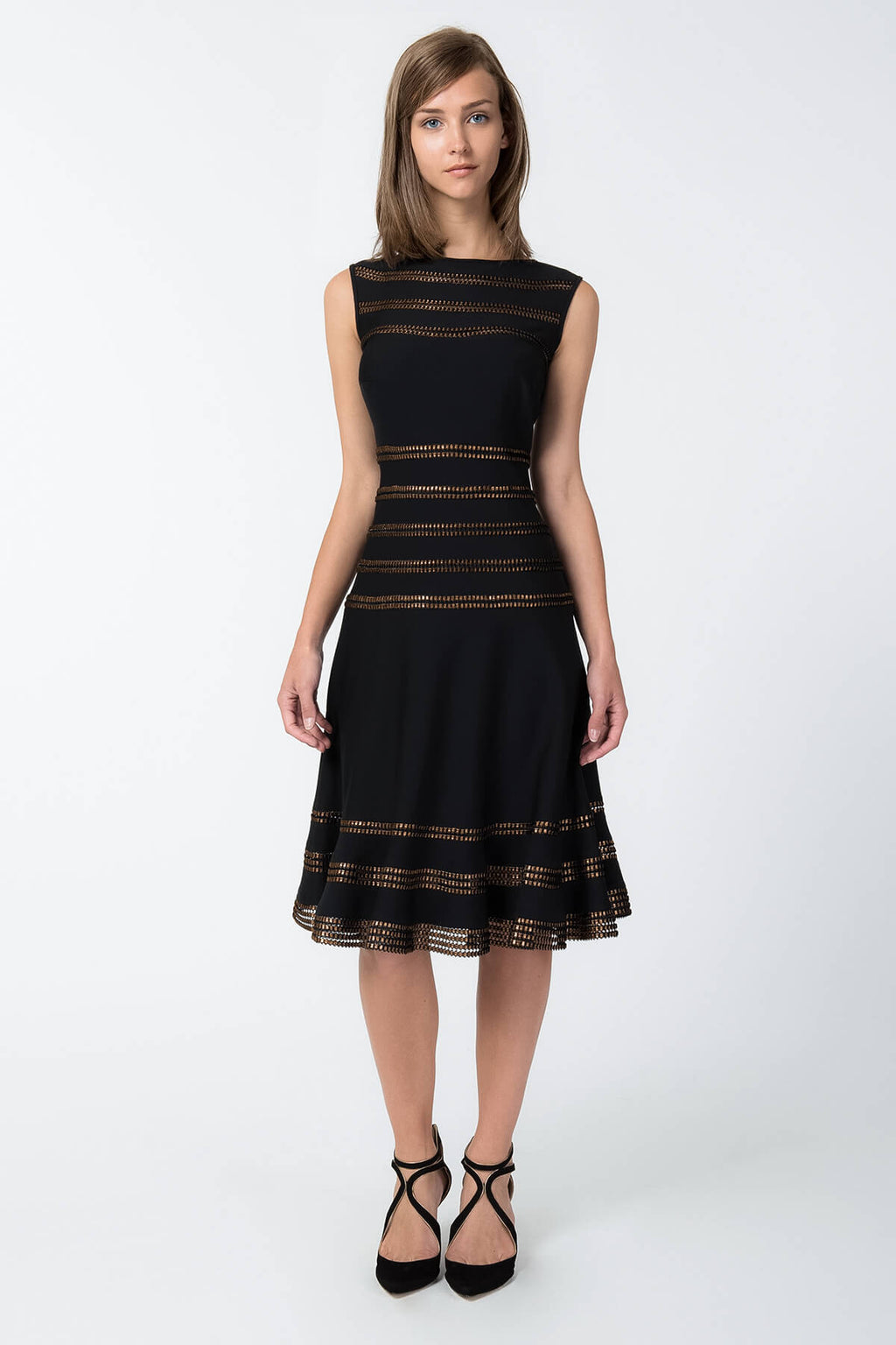Foil Print Banded Boatneck Dress in Black / Copper