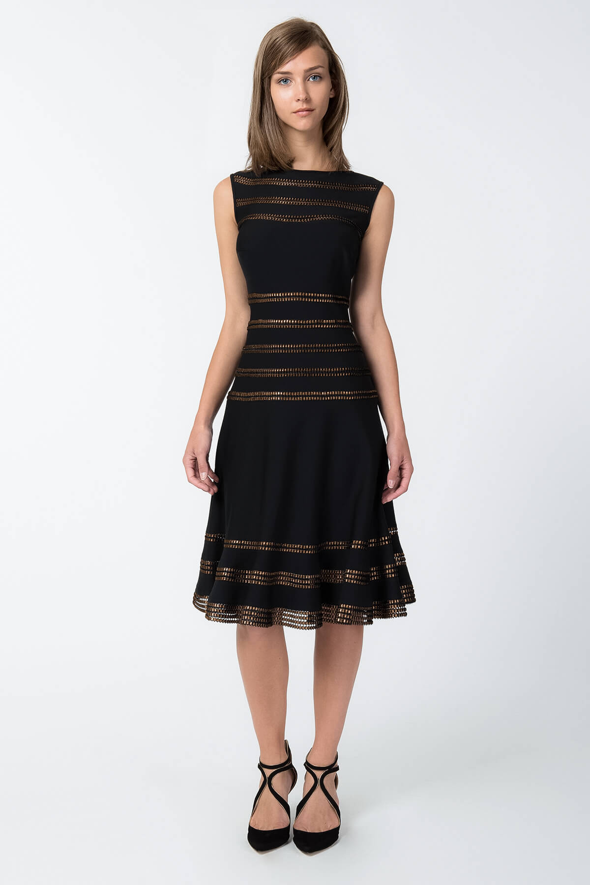 Foil Print Banded Boatneck Dress in Black / Copper
