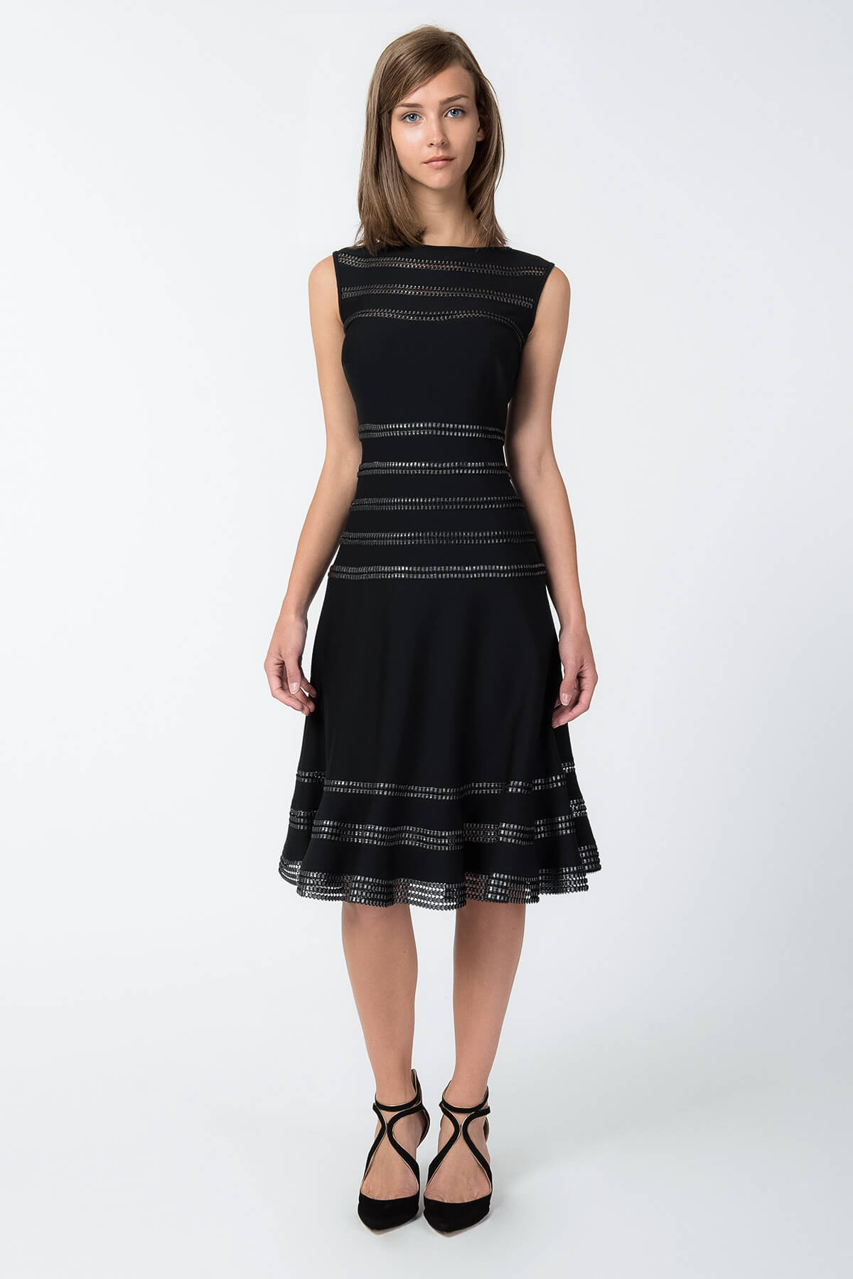 Foil Print Banded Boatneck Dress in Black / Silver