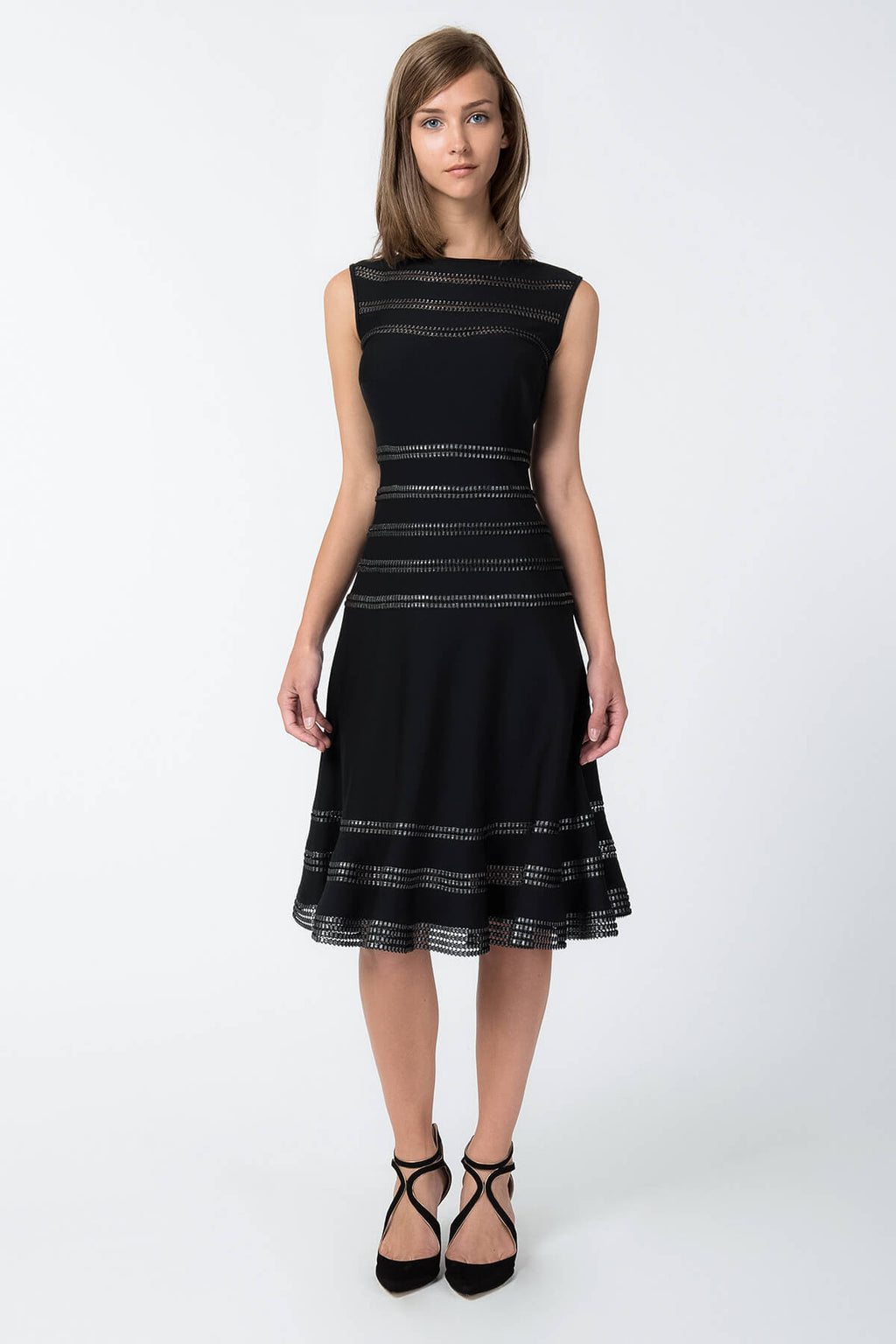 Foil Print Banded Boatneck Dress in Black / Silver