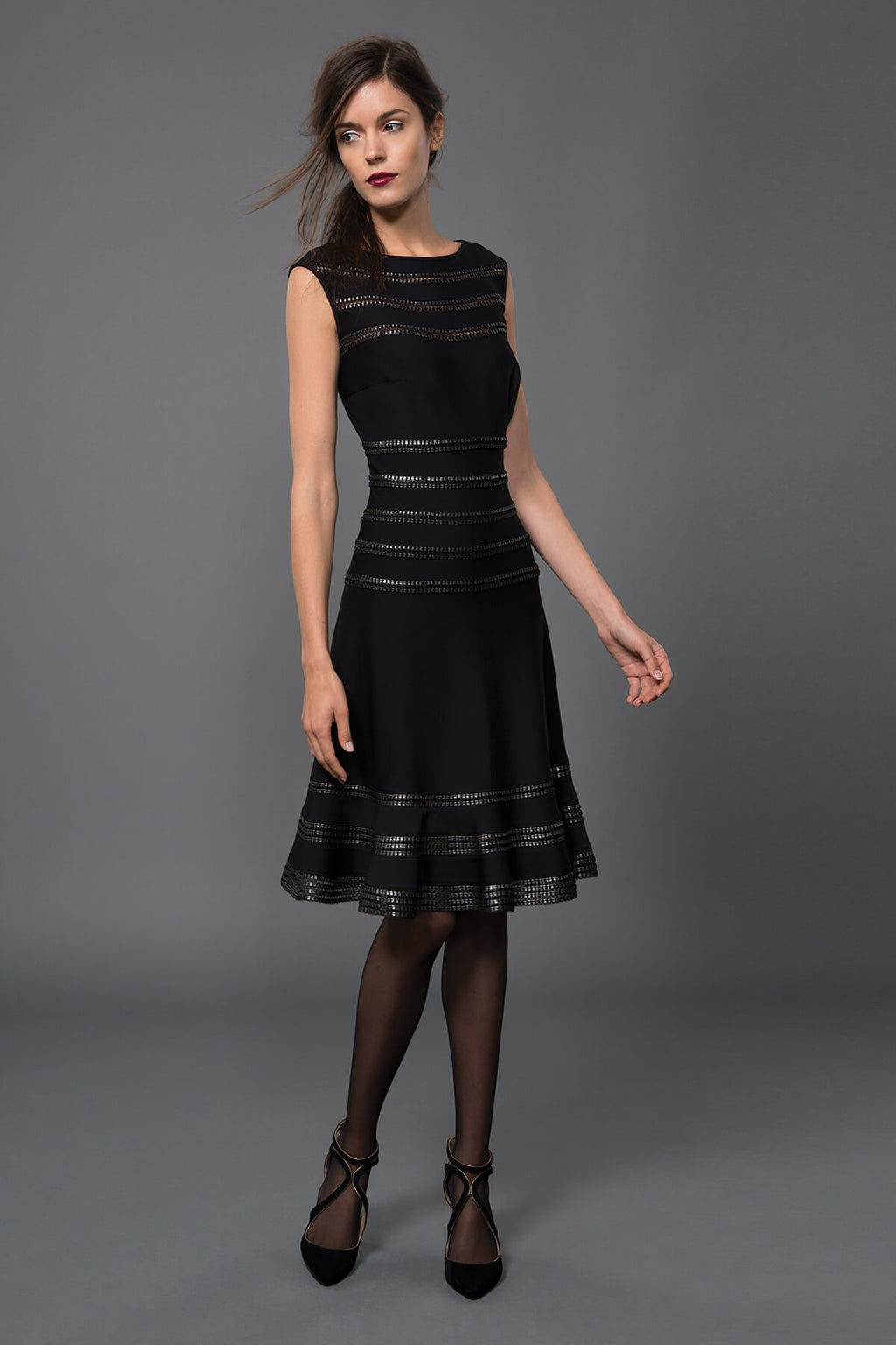Foil Print Banded Boatneck Dress in Black / Silver