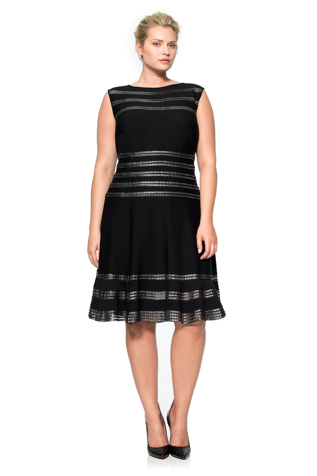 Foil Print Banded Boatneck Dress in Black / Silver
