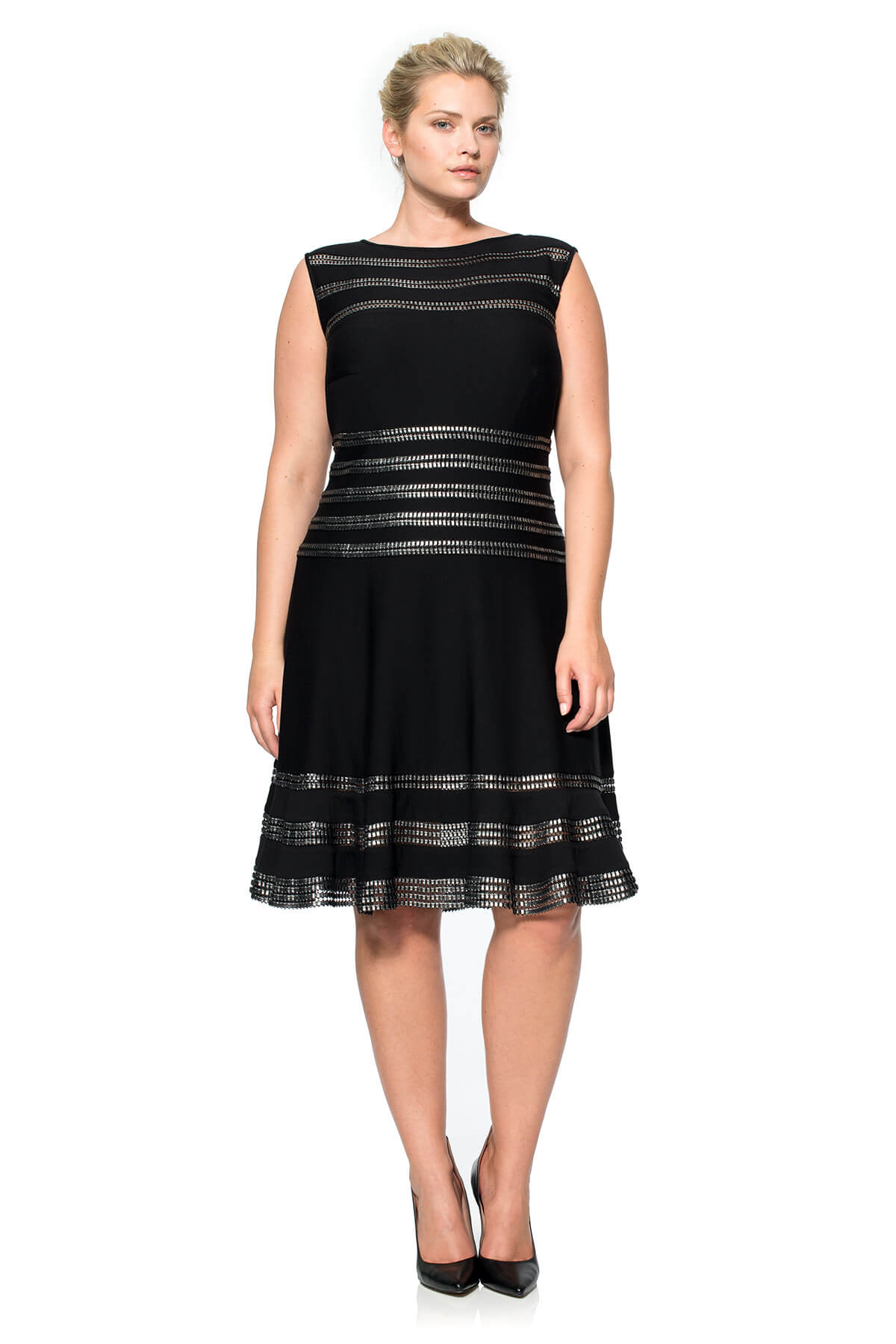 Foil Print Banded Boatneck Dress in Black / Silver