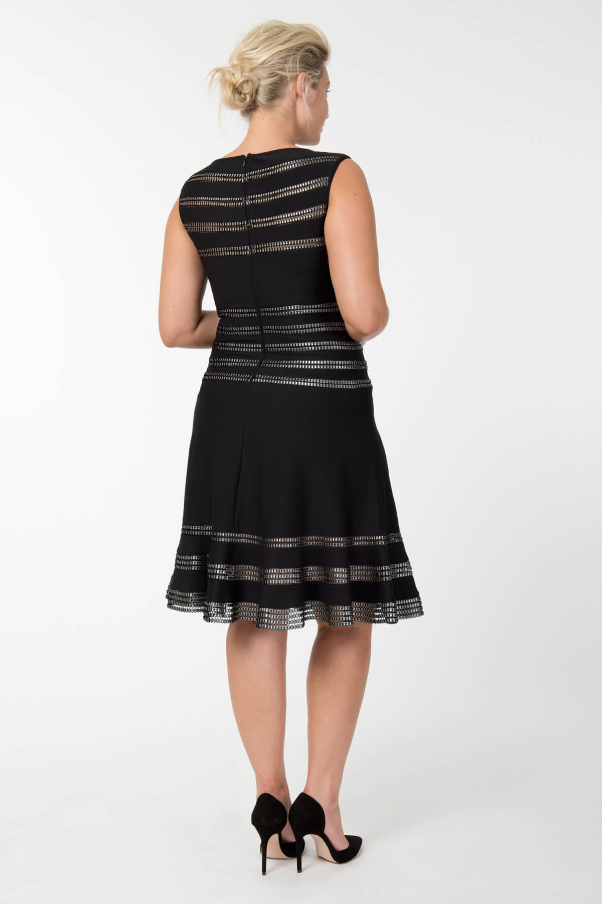 Foil Print Banded Boatneck Dress in Black / Silver