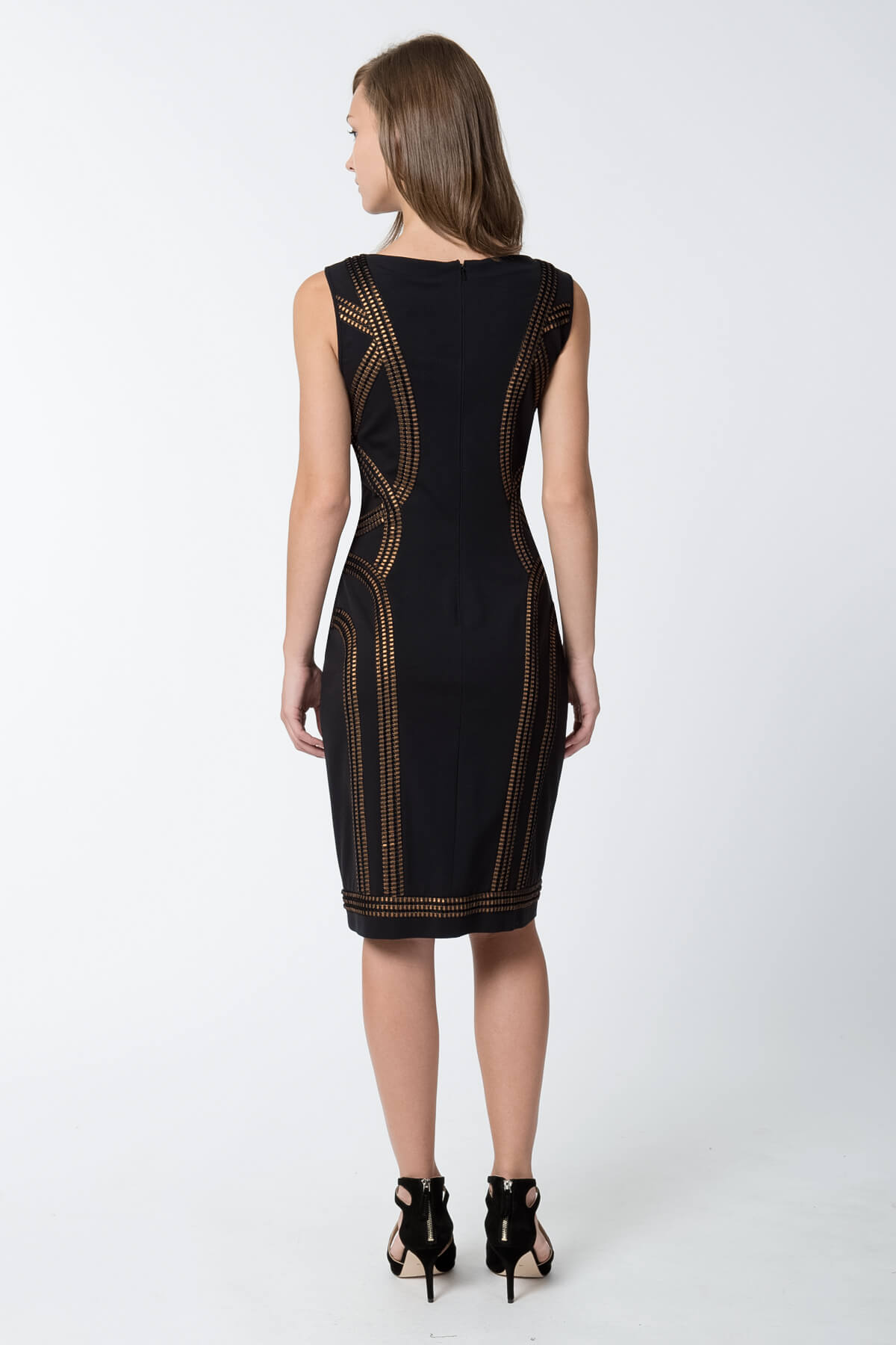 Foil Print Banded Boatneck Dress in Black / Copper