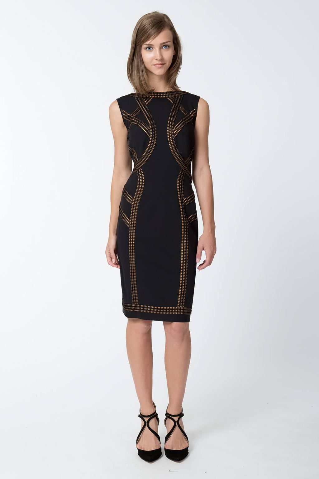 Foil Print Banded Boatneck Dress in Black / Copper