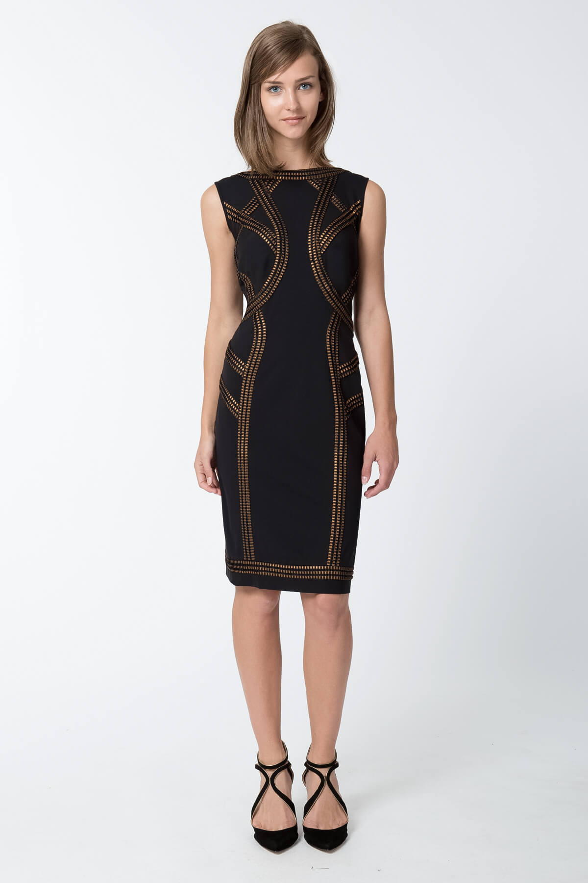 Foil Print Banded Boatneck Dress in Black / Copper