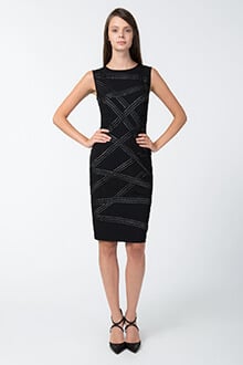 Foil Print Asymmetric Banded Dress in Black / Silver