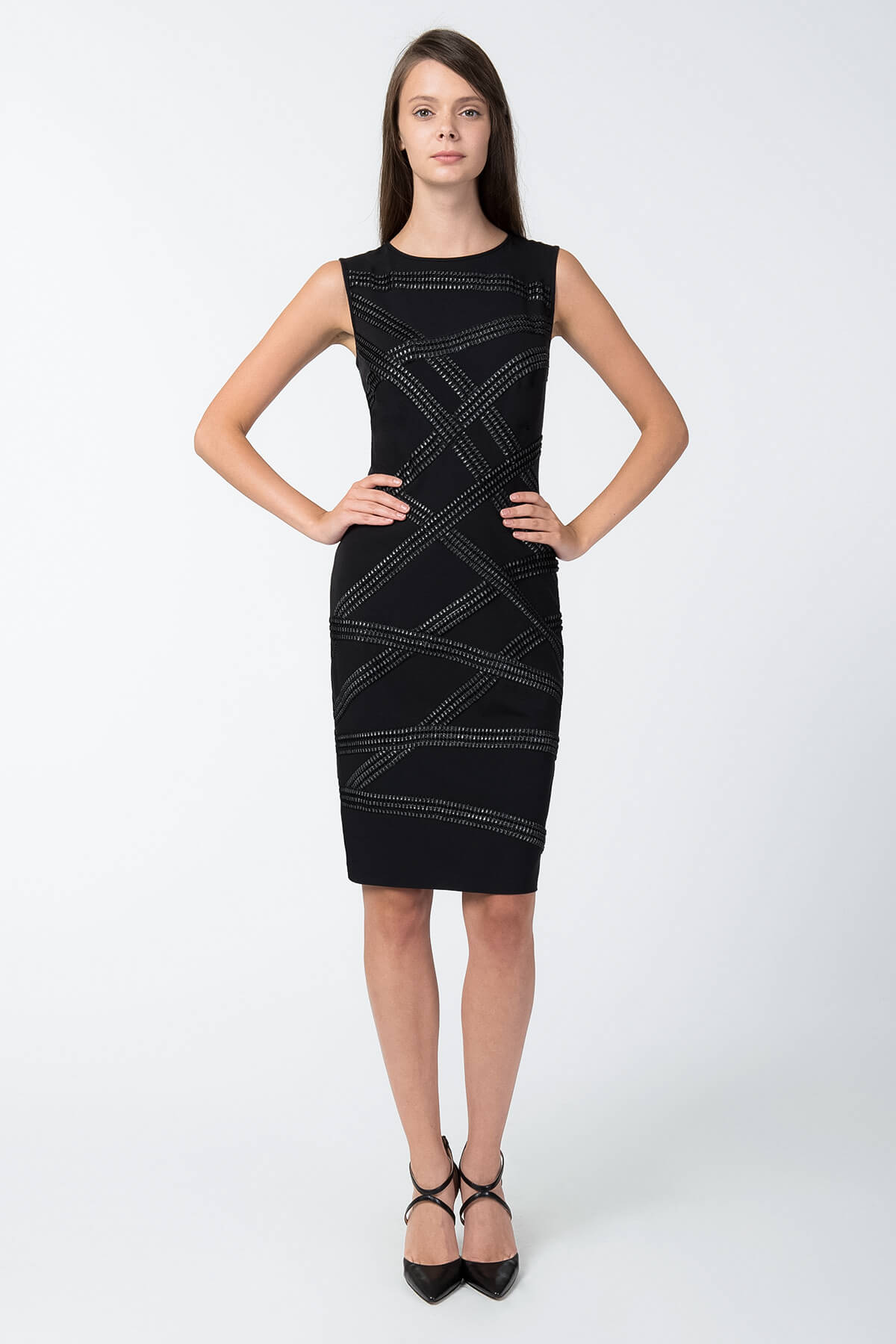 Foil Print Asymmetric Banded Dress in Black / Silver