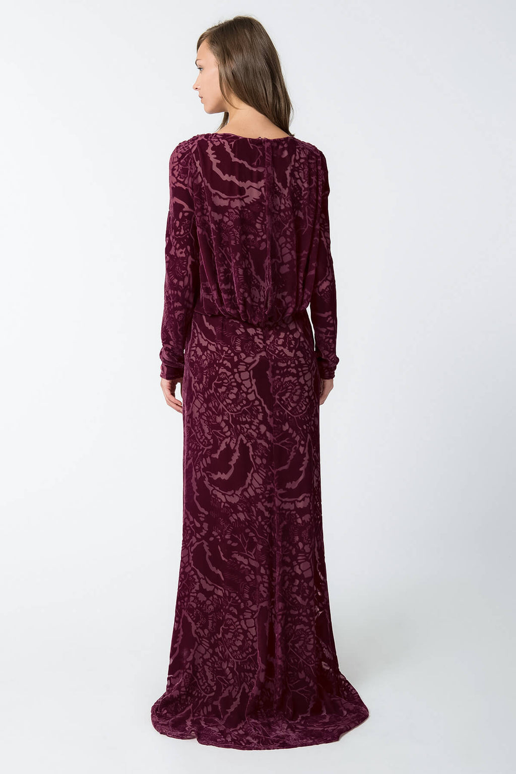 Cut Velvet Long Sleeve Blouson Back Gown in Auburn