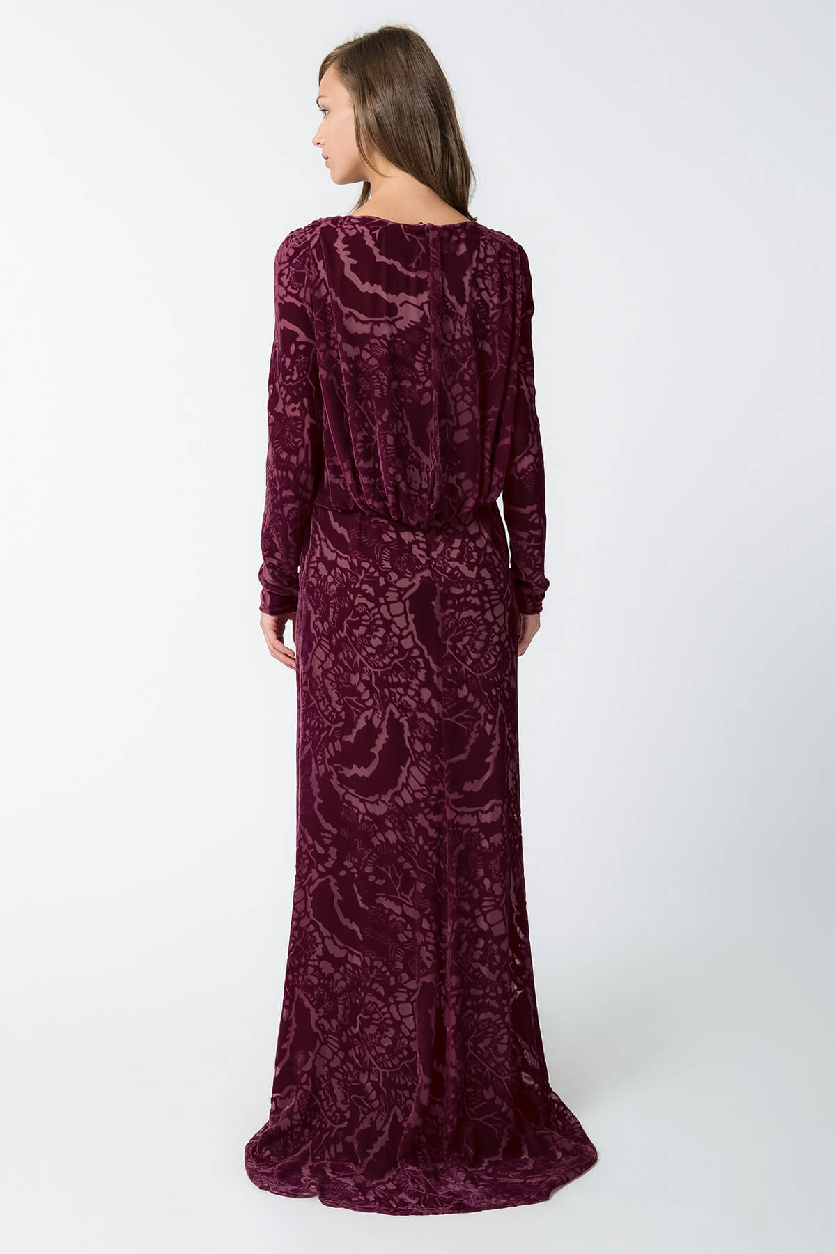 Cut Velvet Long Sleeve Blouson Back Gown in Auburn