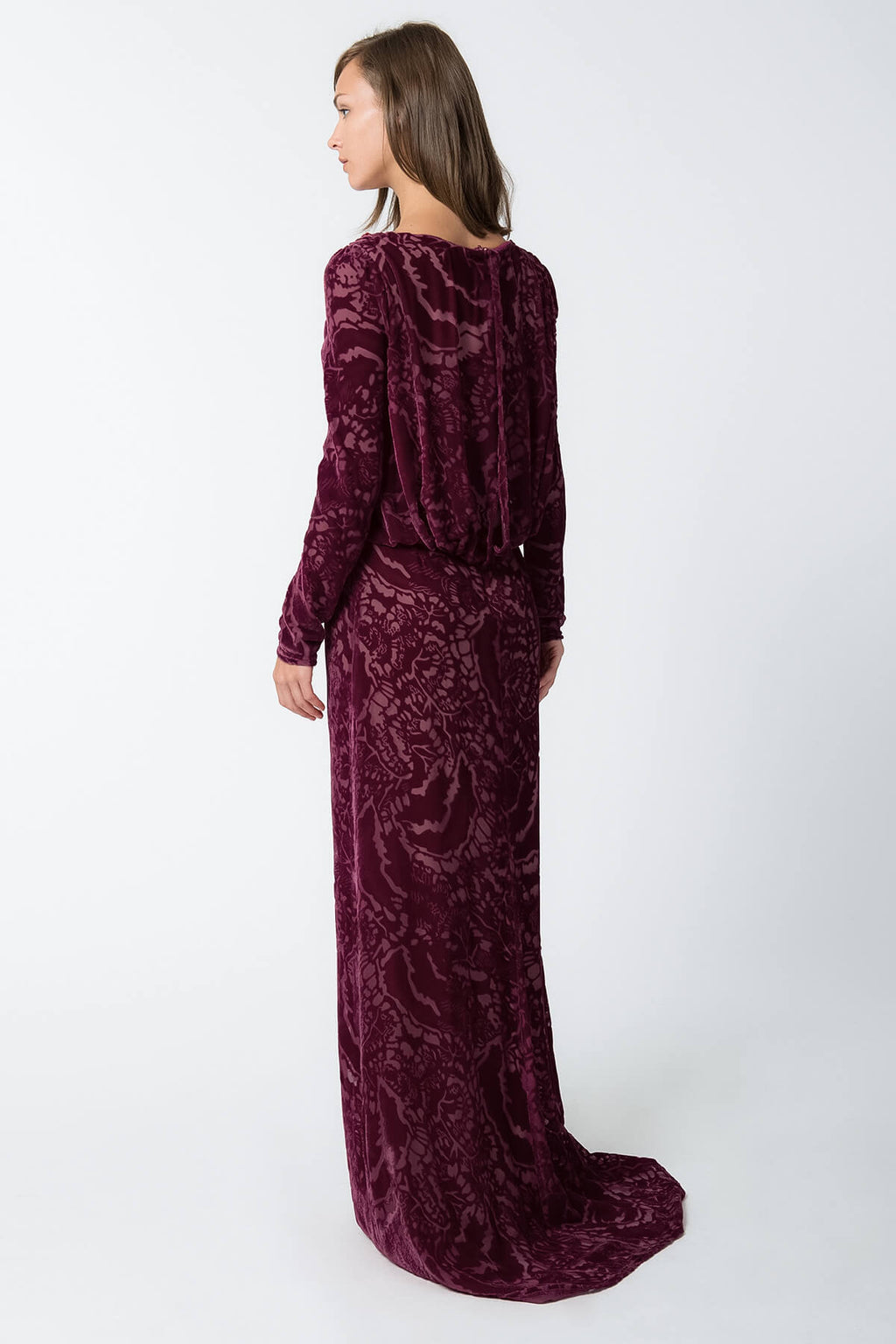 Cut Velvet Long Sleeve Blouson Back Gown in Auburn