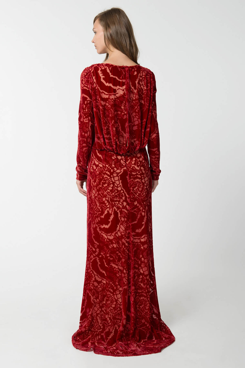 Cut Velvet Long Sleeve Blouson Back Gown in Carmine