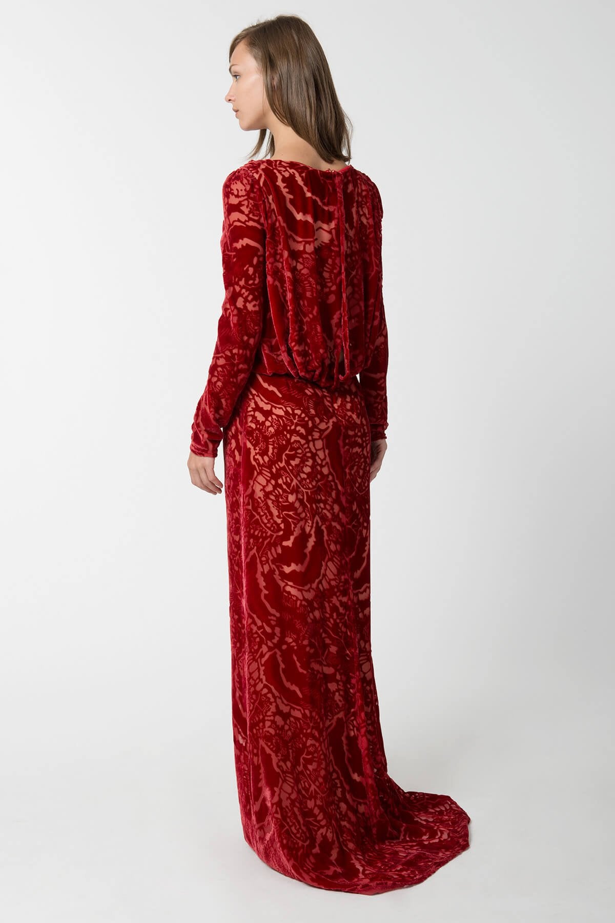 Cut Velvet Long Sleeve Blouson Back Gown in Carmine