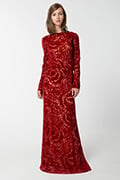 Cut Velvet Long Sleeve Blouson Back Gown in Carmine