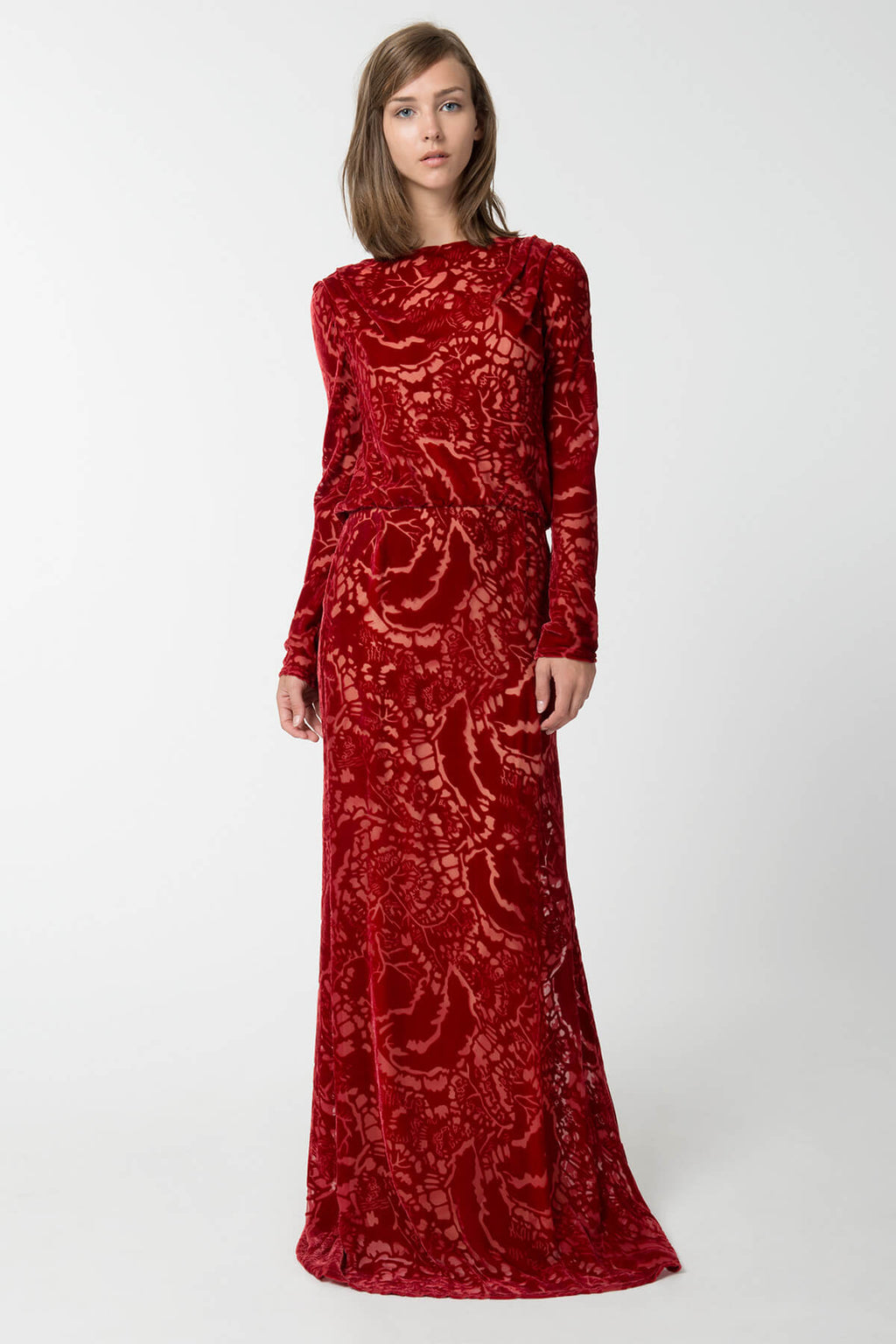 Cut Velvet Long Sleeve Blouson Back Gown in Carmine