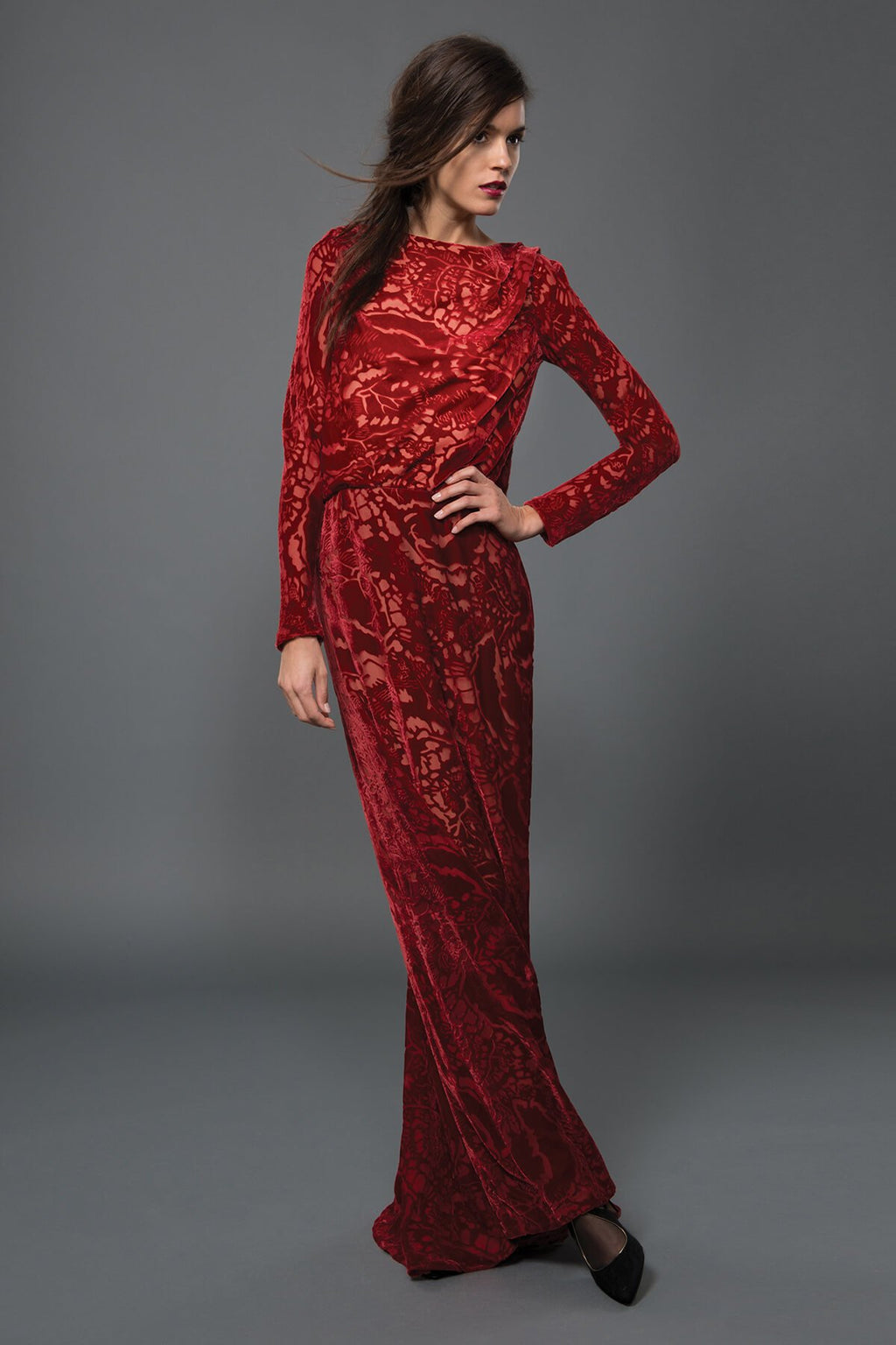 Cut Velvet Long Sleeve Blouson Back Gown in Carmine