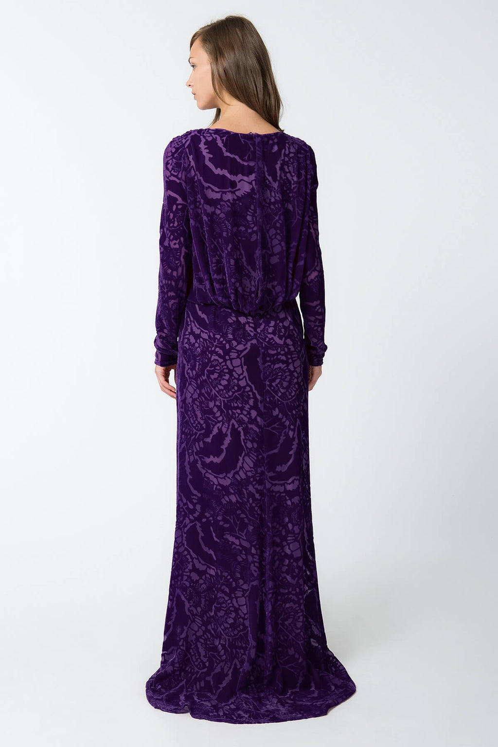 Cut Velvet Long Sleeve Blouson Back Gown in Deep Amethyst