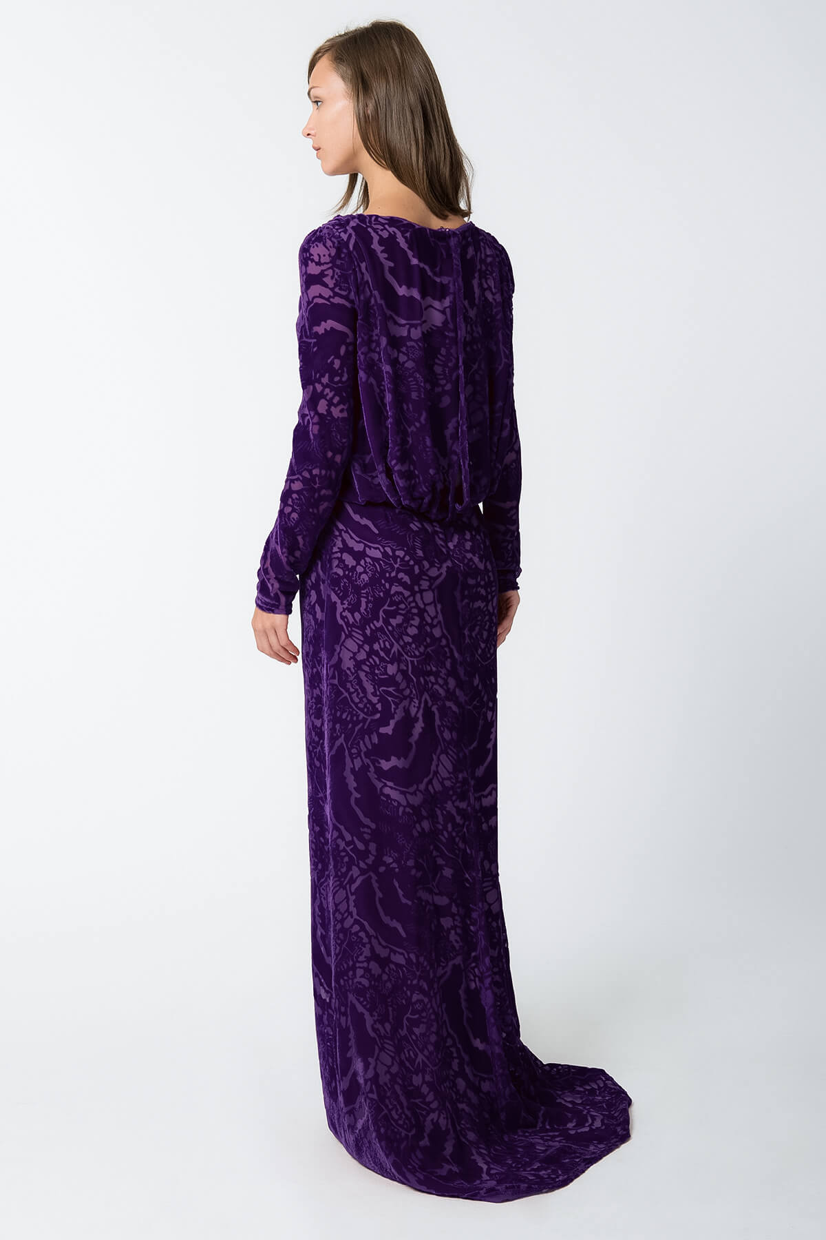 Cut Velvet Long Sleeve Blouson Back Gown in Deep Amethyst