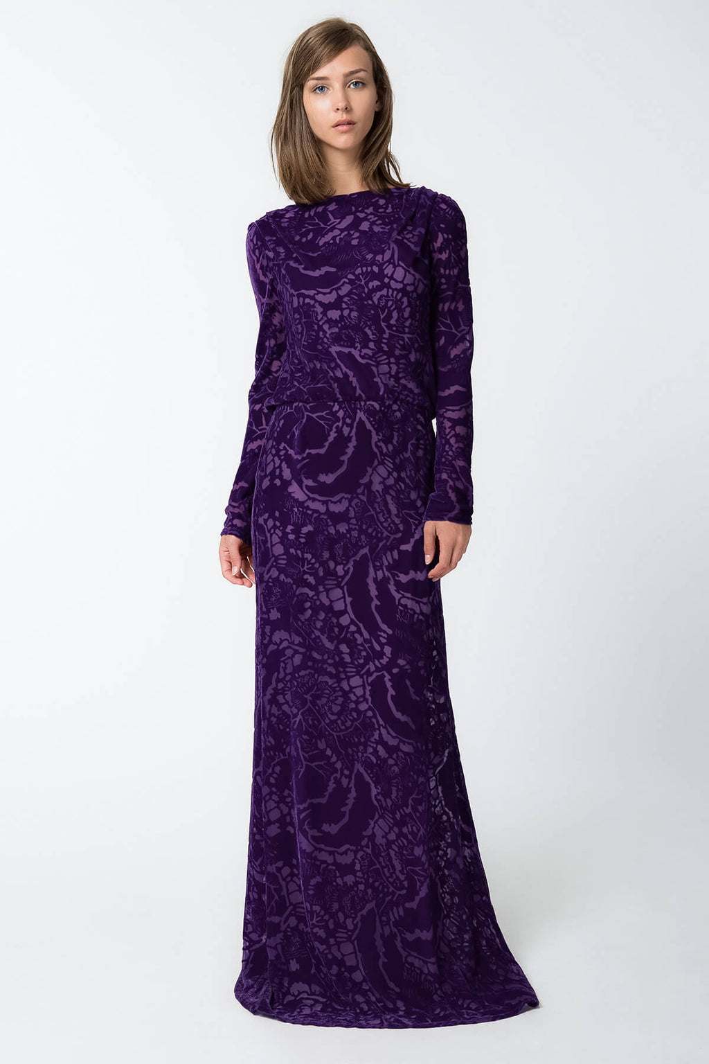 Cut Velvet Long Sleeve Blouson Back Gown in Deep Amethyst