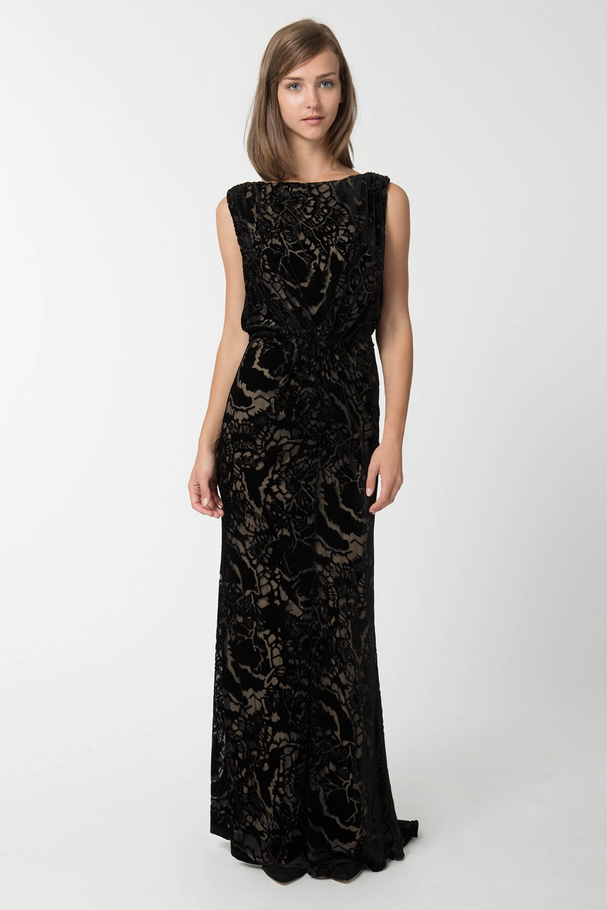 Cut Velvet Blouson Back Gown in Black