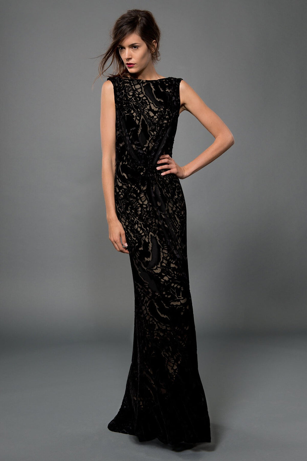 Cut Velvet Blouson Back Gown in Black