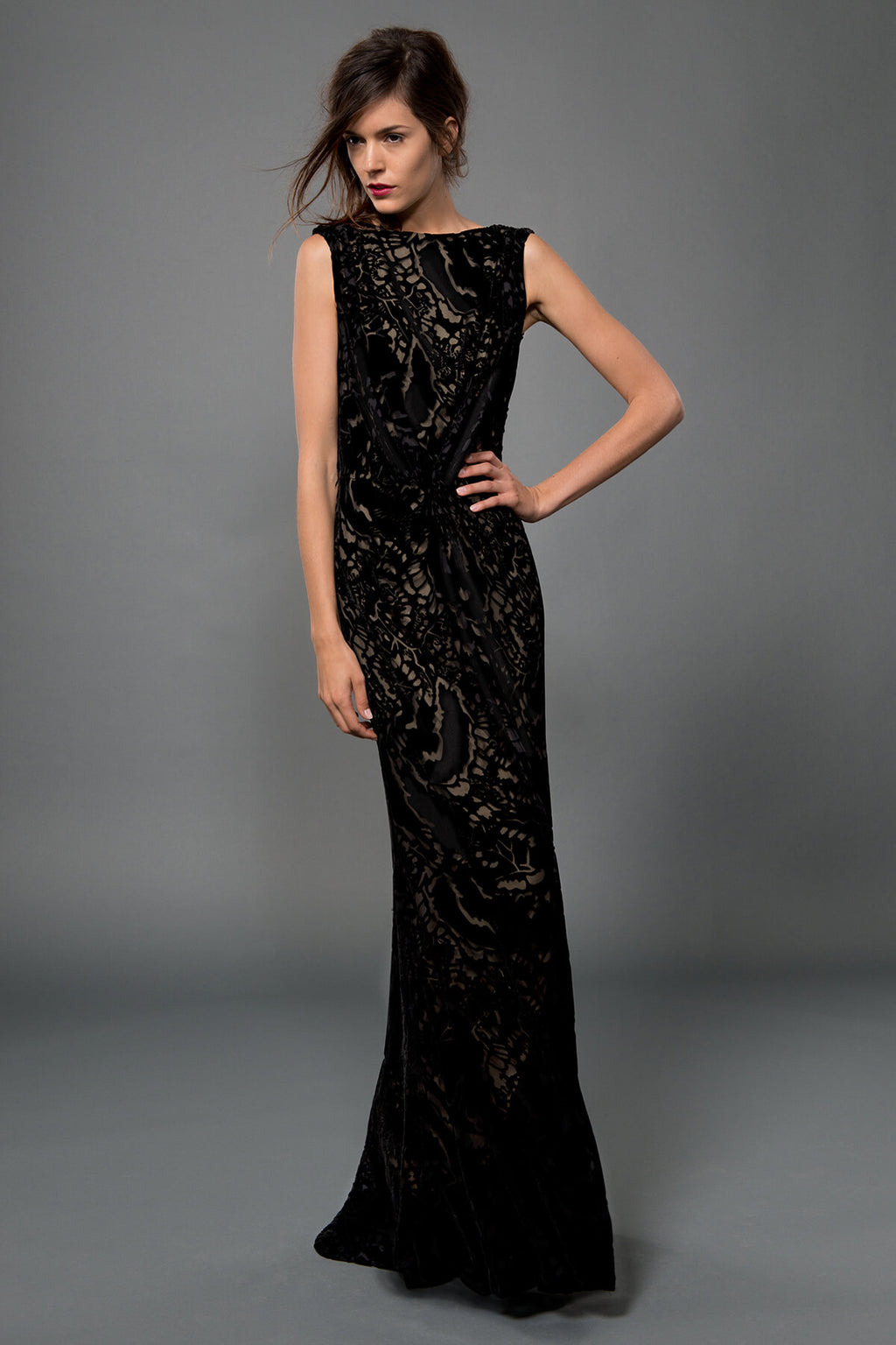 Cut Velvet Blouson Back Gown in Black